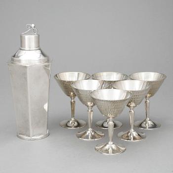 SHAKER och GLAS, 7 delar, nysilver, art deco, 1930-tal.