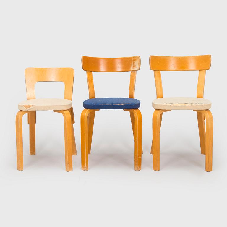 Alvar Aalto, tuoleja 2 kpl,  malli 69 sekä tuoli malli A 65, O.Y. Huonekalu- ja Rakennustyötehdas A.B. 1950-luvun alku.