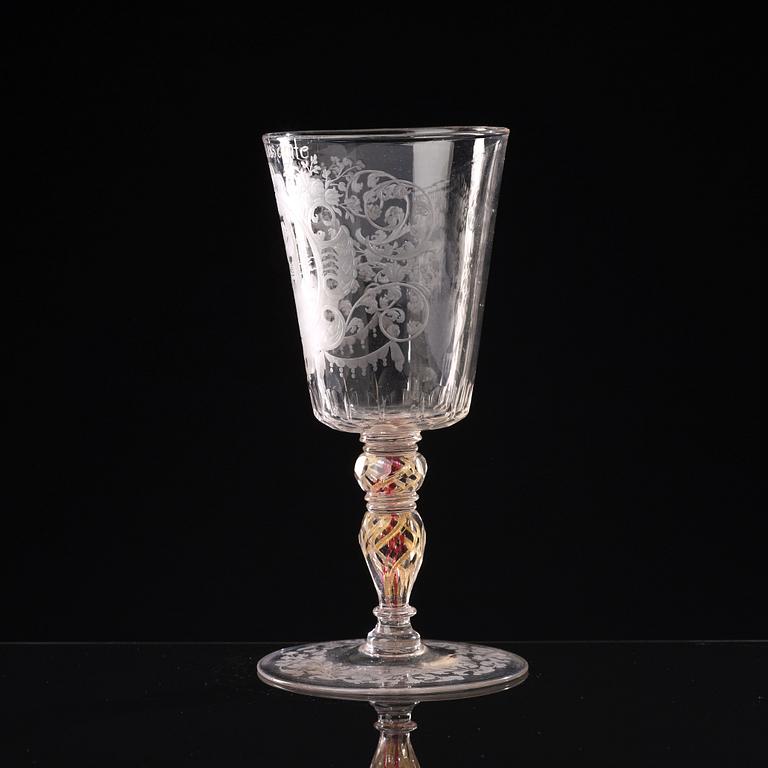 A Bohemian cut and engraved glass goblet, 18th Century.