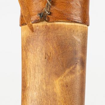 A burr birch and leather knife, unidentified signature.