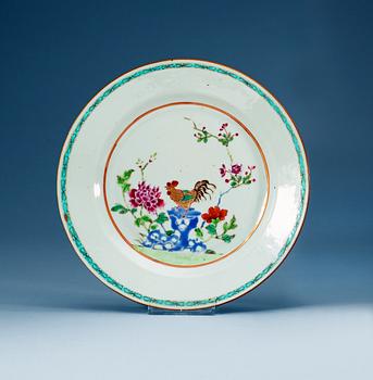 1591. A set of 12 famille rose 'rooster' dinner plates, Qing dynasty, Qianlong (1736-95).