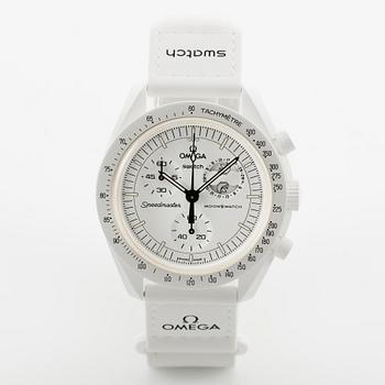 Omega/Swatch, MoonSwatch, "No Reserve", Mission to the MoonPhase, "Snoopy", kronograf, armbandsur, 42 mm.