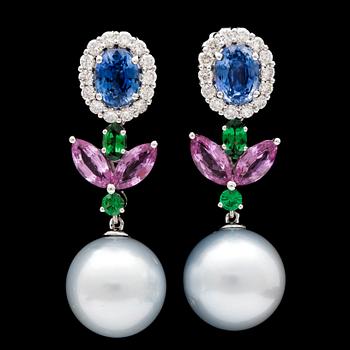 756. A pair of sapphire, tsavorite and cultured South sea pearl earrings.