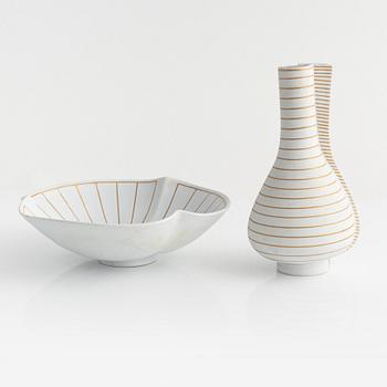 Wilhelm Kåge, vas och skål, stengods, "Guldsurrea", Gustavsbergs studio.