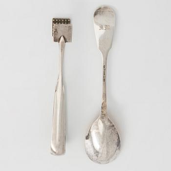 A set of two 1920s-1930s silver sweetmeat basket with sugar tong and jam spoon, Uusi Kultaseppä Oy, Helsinki, Finland.