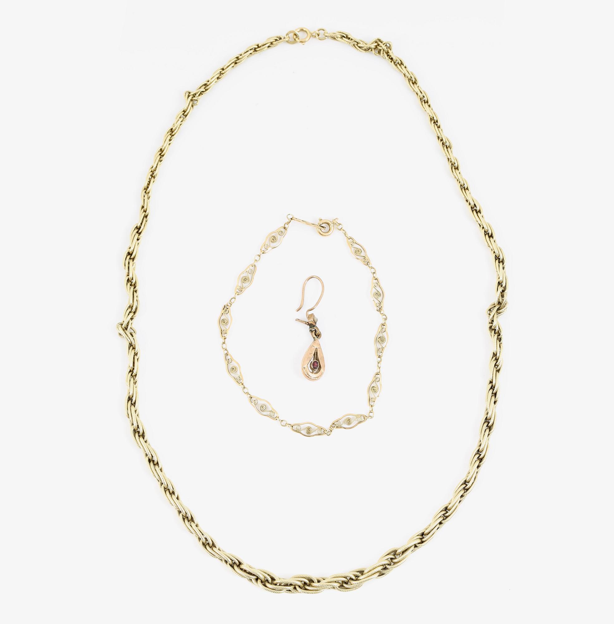 COLLIER, ARMBAND samt ÖRHÄNGE, 1+1+1, 14 K guld. Totalvikt ca 11 gram.