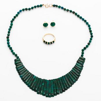 Smyckesset, 3 delar, collier, ring och örhängen, 14K guld och malakit.