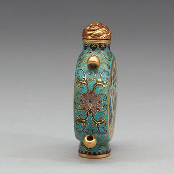 A cloisonné snuff bottle with stopper, presumably late Qing dynasty.