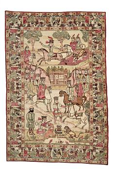 A RUG, an antique Kerman Laver figural, ca 212,5 x 141,5 cm.