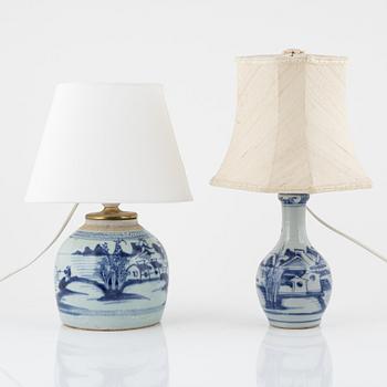 Two blue and white vases/table lamps, China, 18th/19th century.