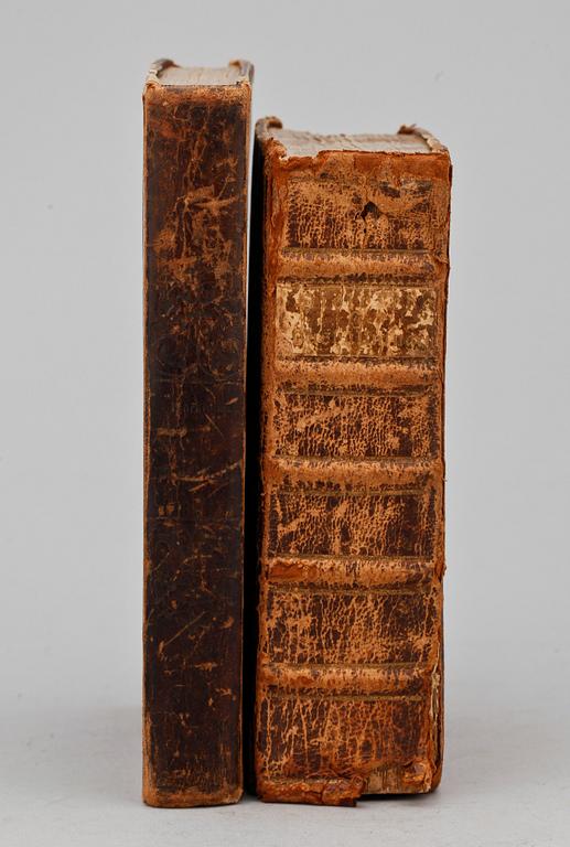 KOKBÖCKER, 2 st, bla "Hielpreda i hushållningen för unga fruentimmer" av C. Warg, sjunde uppl, Stockholm 1780.