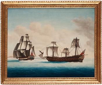 Two Chinese Export paintings of East Indiamen, Qing dynasty, circa 1800.