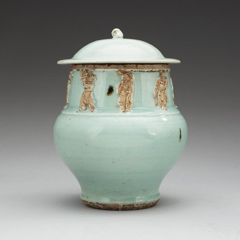 A celadon and white jar with cover, Qing dynasty, Kangxi (1662-1722).