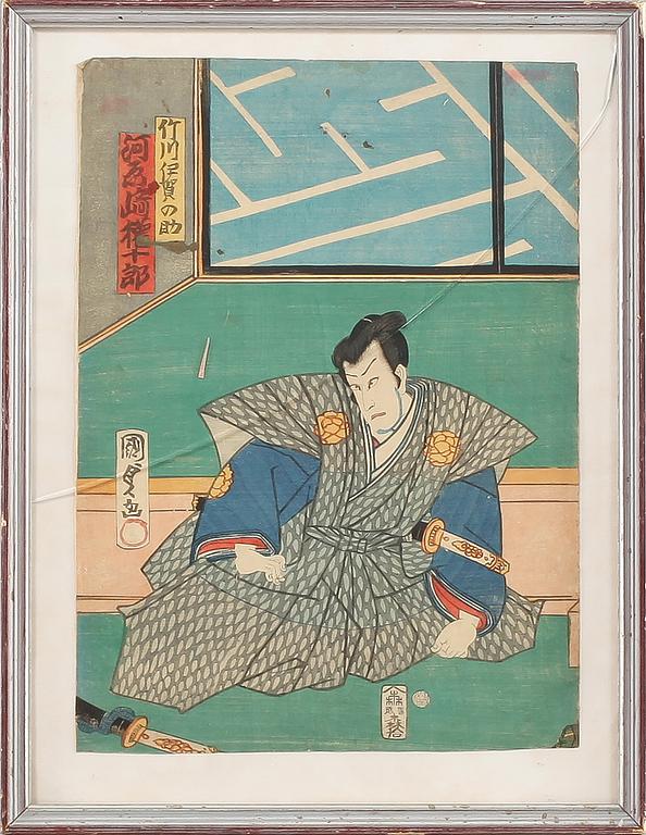 UTAGAWA KUNISADA KOCHORO TOYOKUNI III, träsnitt, 2 st, Japan, 1800-tal.