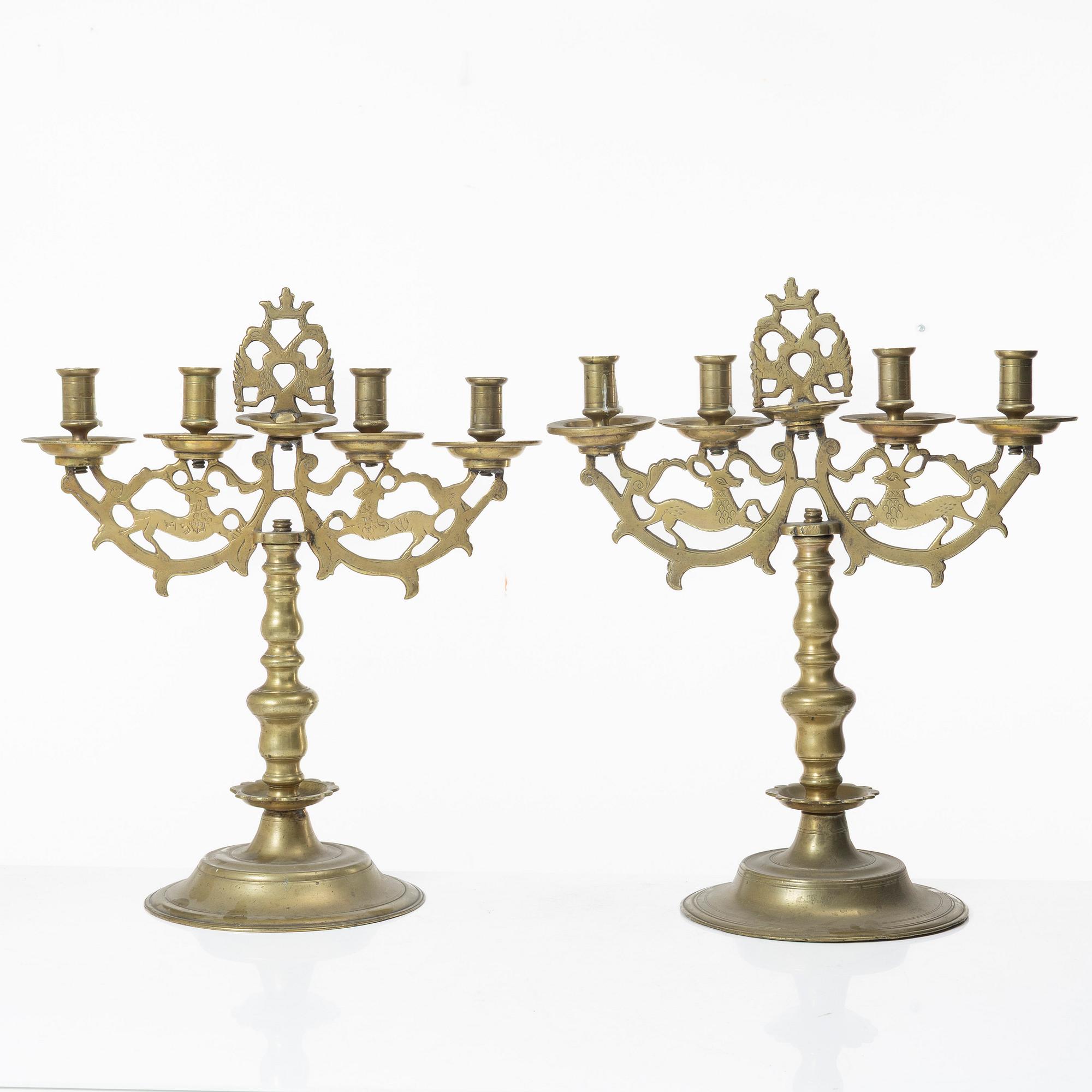 A pair of Baroque style brass candelabras, 20th century.