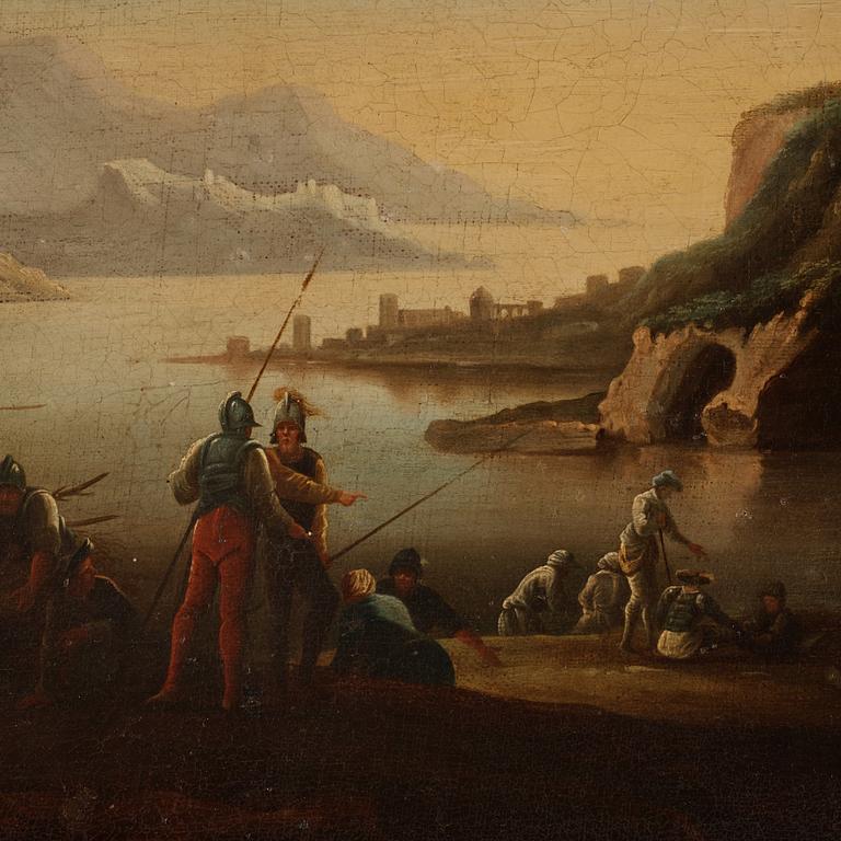 Bergslandskap med figurer vid vatten.