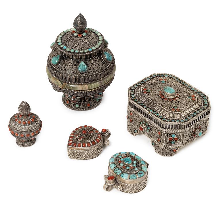 A group of five silver boxes with covers, South East Asia, 20th century.