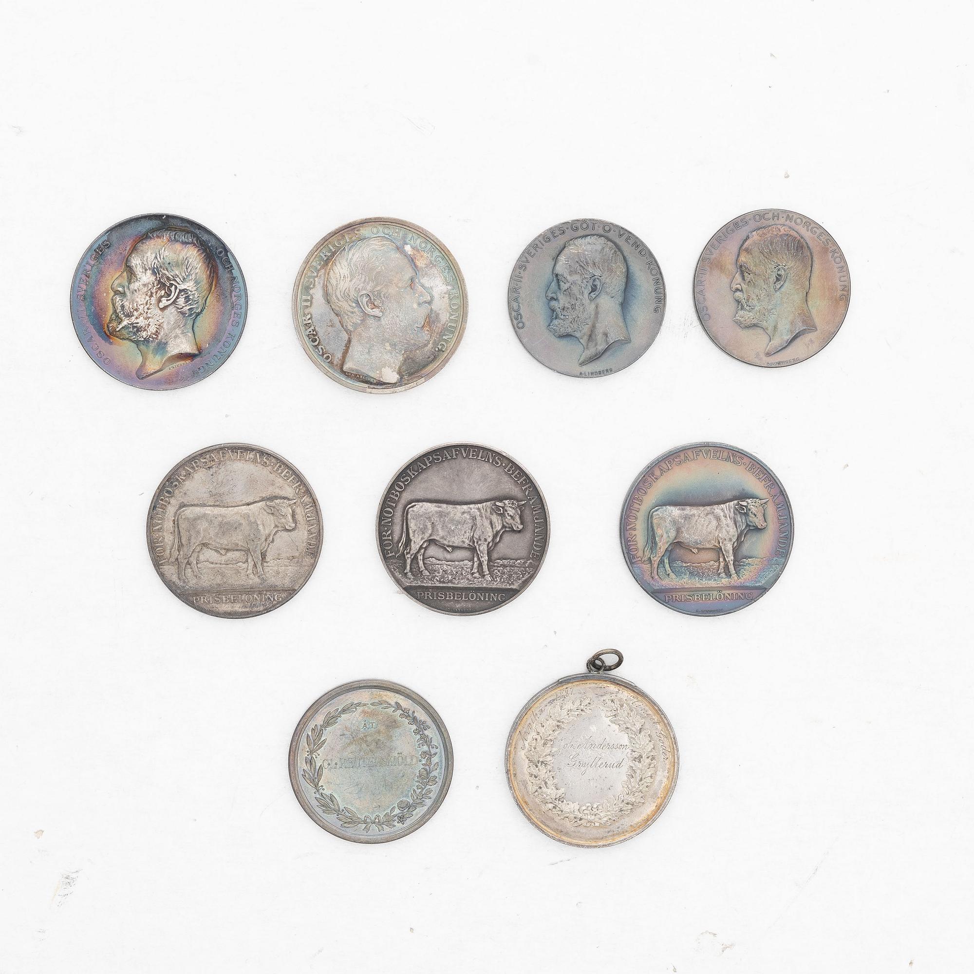 Medaljer, 9 st, silver, Kungl Myntverket, omkring år 1900.