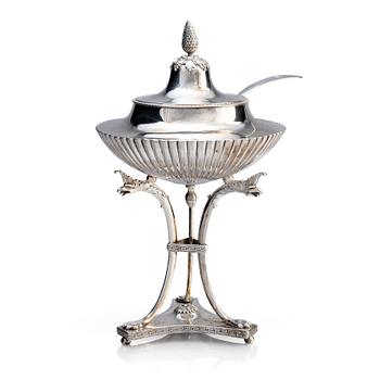 A Swedish Empire silver sugar bowl with lid and a suger sprinkle spoon, marks of Adolf Zethelius, Stockholm 1819.