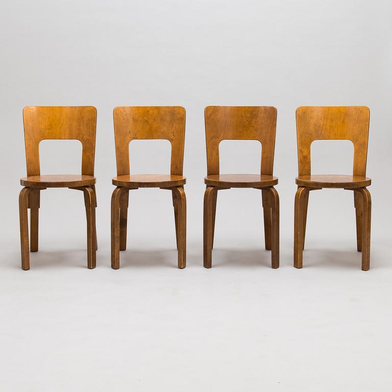 Alvar Aalto, four '66' chairs, O.Y. Huonekalu-ja Rakennustyötehdas A.B. Finland, 1930's/1940's.