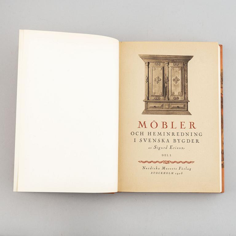 Böcker, 6 st, möbler, klockor och konsthantverk, bl.a. "Möbler och Heminredning i svenska bygder" I-II, Sigurd Erixson.