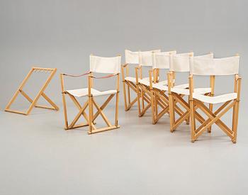 Mogens Koch, a set of six beech and canvas 'MK16' folding chairs, comes with a stand for storage, Rud Rasmussen, Denmark.