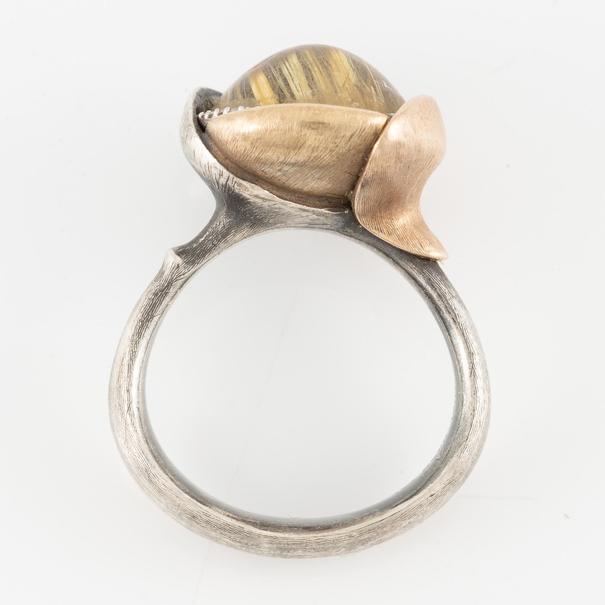 Charlotte Lynggaard, Ole Lyngaard, ring, "Lotus" silver and gilded with rutilated quartz and brilliant-cut diamonds.