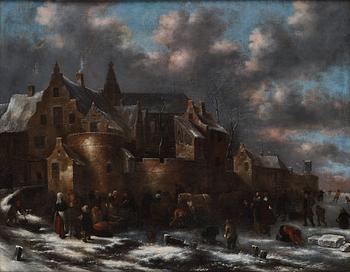 589. Klaes (Nicolaes) Molenaer Attributed to, Winterlandscape with figures outside the city wall.