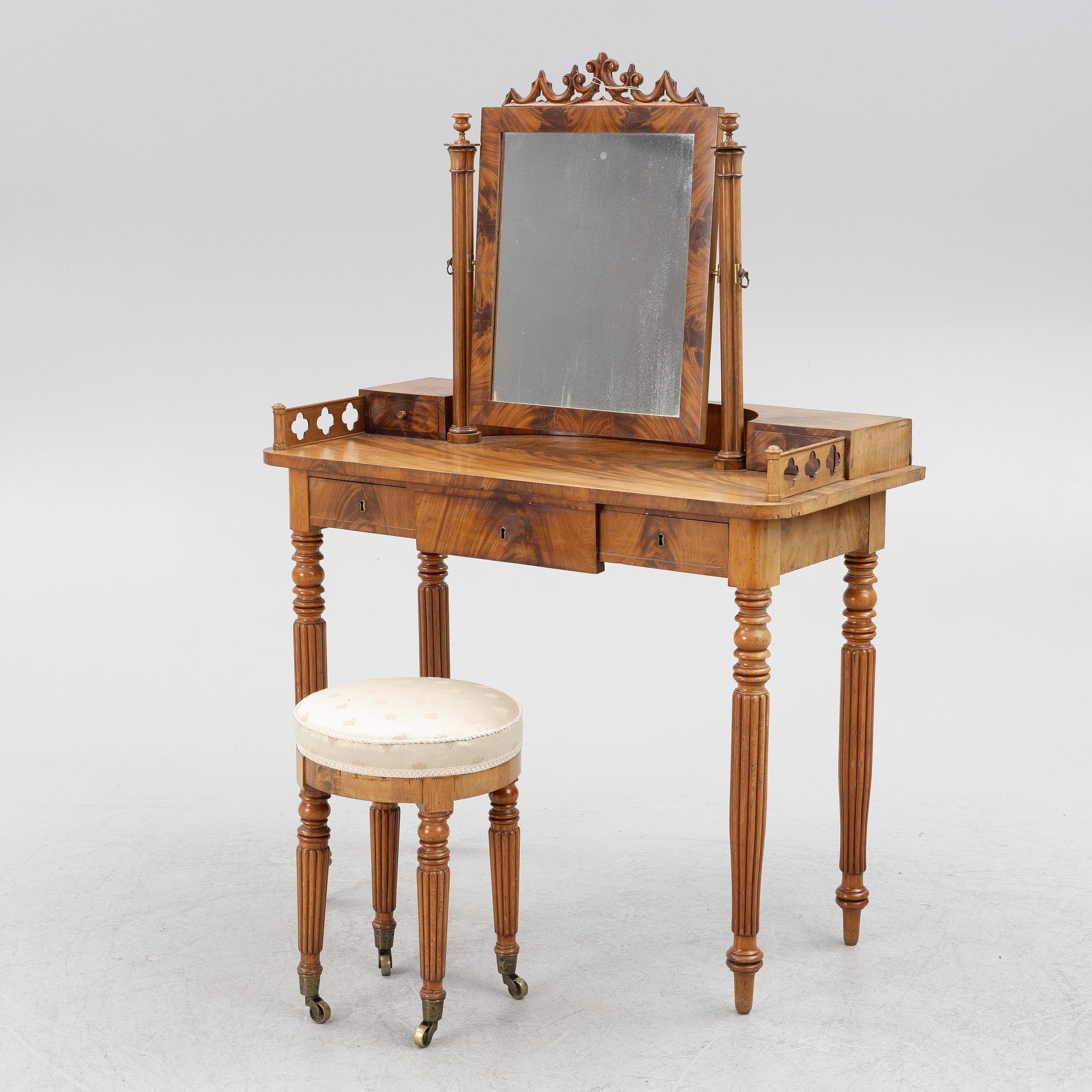 Dressing table with stool, Empire/Gothic Revival, circa mid-19th Century.