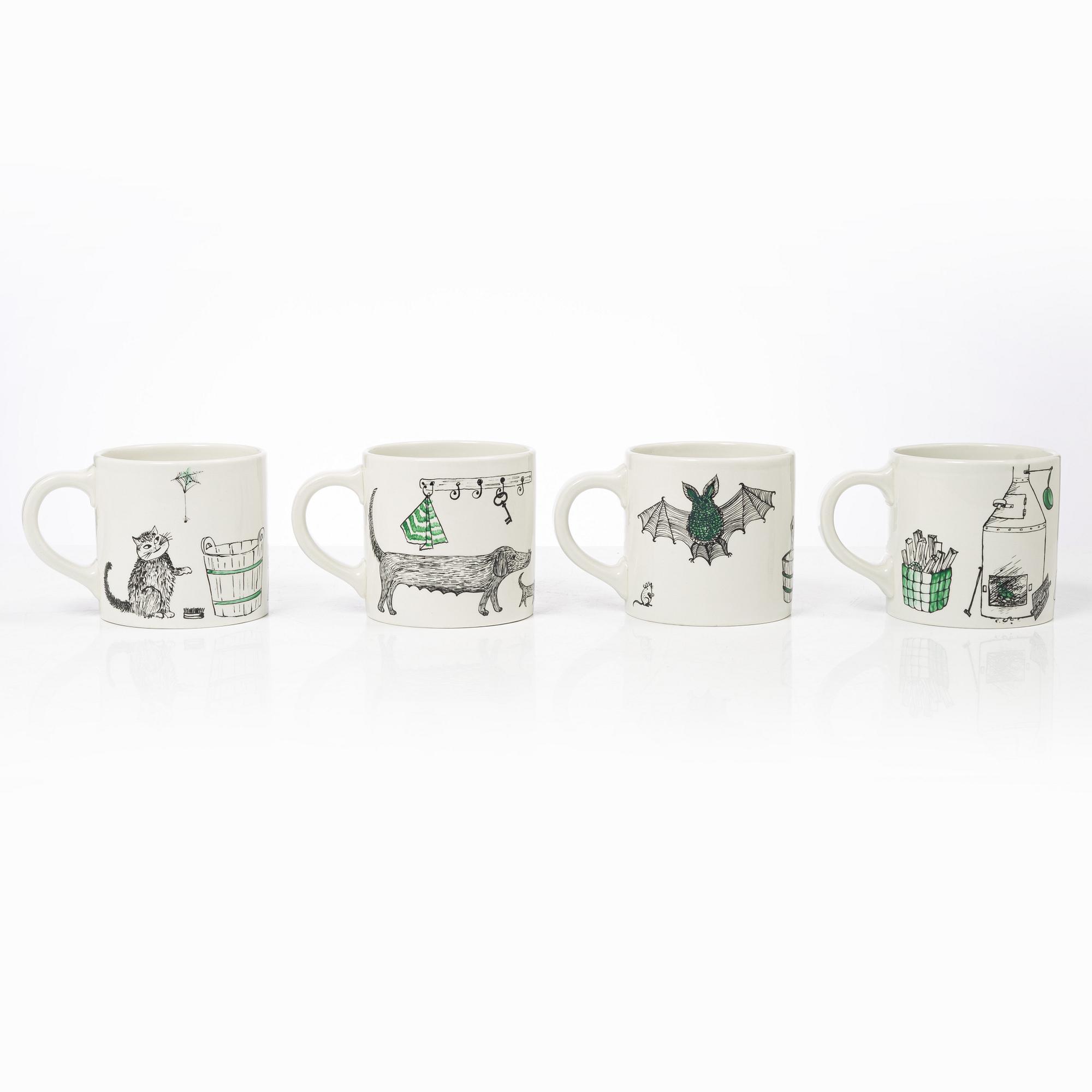 Gunvor Olin-Grönqvist, mugs, 4 pcs and a jug, Arabia, Finland, second half of the 20th century.
