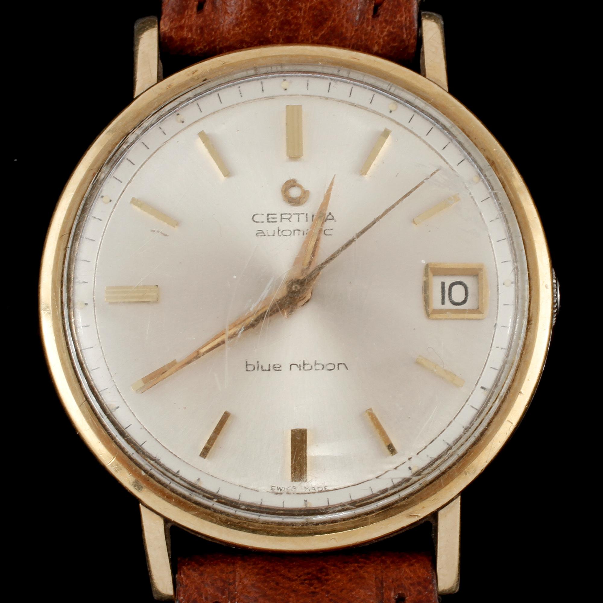 HERRARMBANDSUR, guld på stål, Certina, Automatic, Blue Ribbon. 1900-talets senare del.