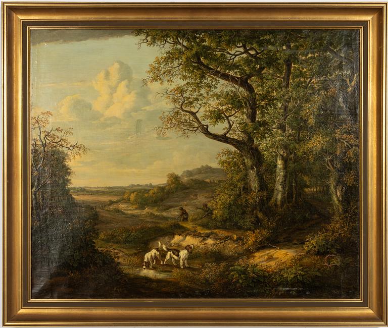 Unknown artist, 19th century, possibly Austria. Landscape with hunters and dogs.