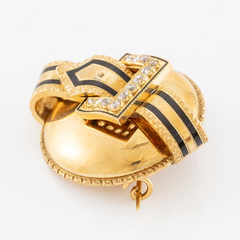 Brooch 18K gold with enamel and old-cut diamonds.