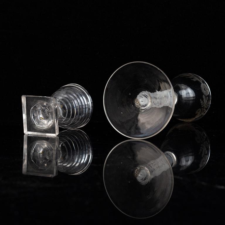 Two glasses, one of the presumably English, 18th Century.