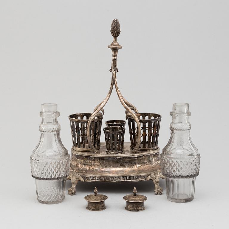 A later part of the 18th century Gustavian cruet-set, argent hacé.