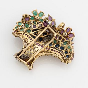 Brooch, flower basket, gold with rubies, sapphires, emeralds, and diamonds.