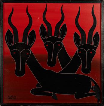 Hashim Mruta, in the style of Tingatinga painting, Antelopes.