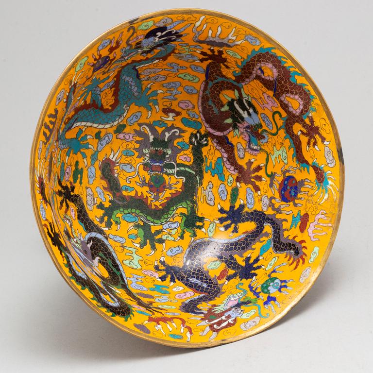 A large Chinese cloisonne 'Imperial Yellow' ceramonial bowl, 20th century.