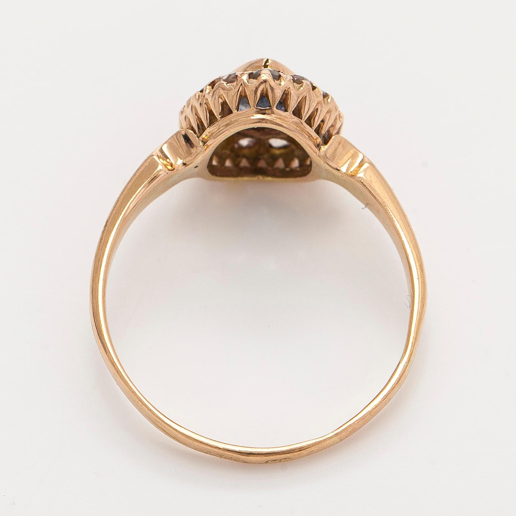 Ring, pear-shaped sapphire, rose-cut diamonds, 14K (56) gold.