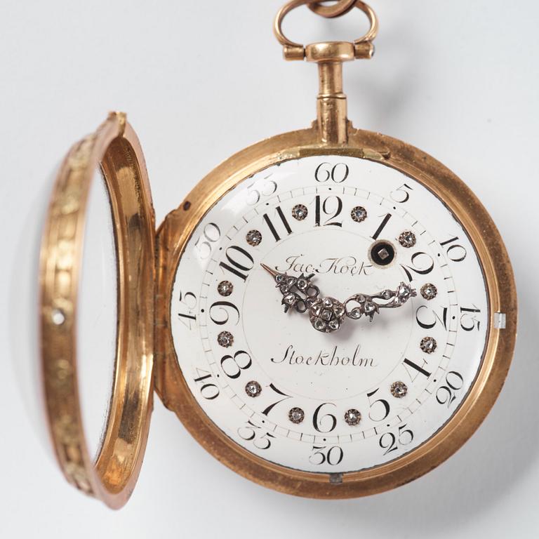 An 18k gold, enamel and jewelled pocket-watch by J. Kock (royal watchmaker, active in Stockholm 1772-1803), 1780.
