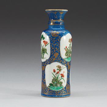 A powder blue ground vase with gilding and 'famille-verte' enamels within reserves, Qing dynasty, Kangxi (1622-1722).