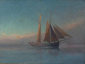 Ludvig Richarde, Two-masted flat-bottomed vessel in haze.