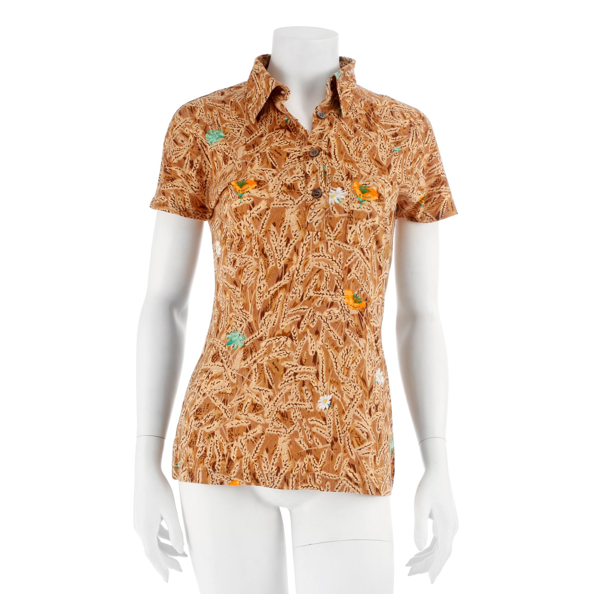 HERMÈS, a yellow and brown cotton shirt. Size L.