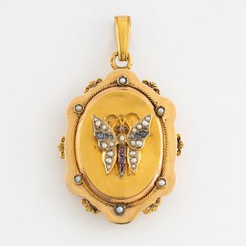 Hänge/medaljong, fjäril, 1800-tal, med seedpärlor, rubiner och safirer.