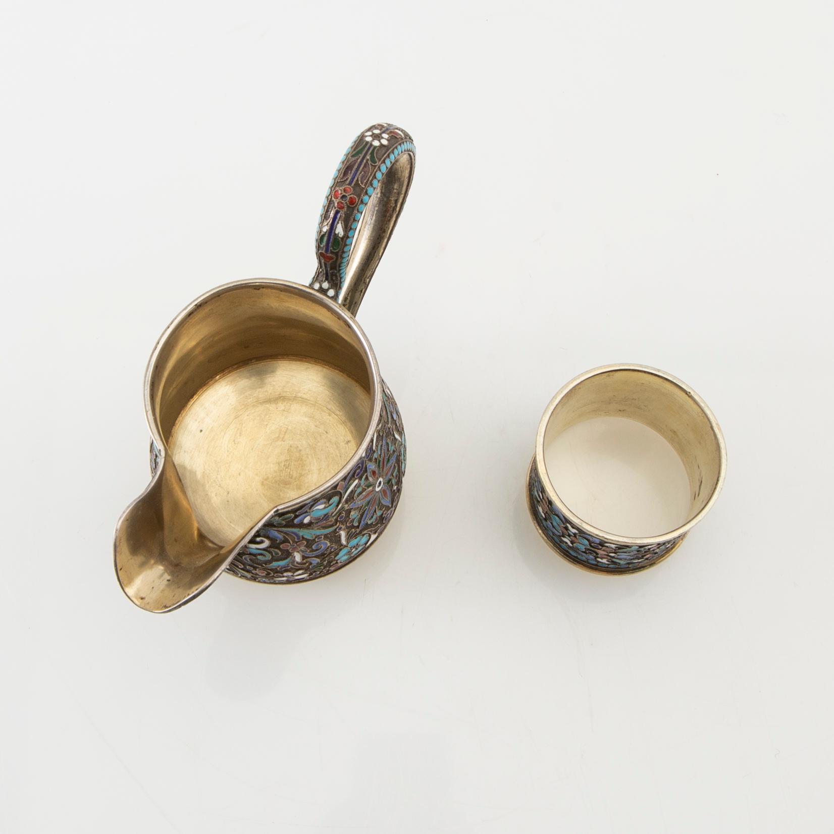 Cream jug and napkin ring Russia silver and enamel 1908-26.