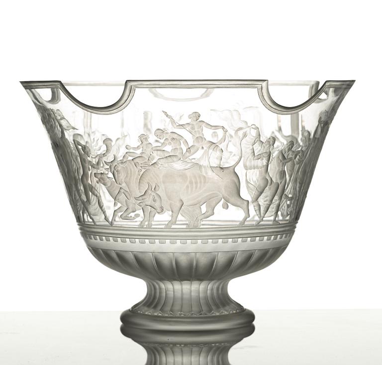 Simon Gate, a Swedish Grace engraved "Bacchus" bowl, Orrefors, Sweden 1926, engraved by Arthur Diessner.