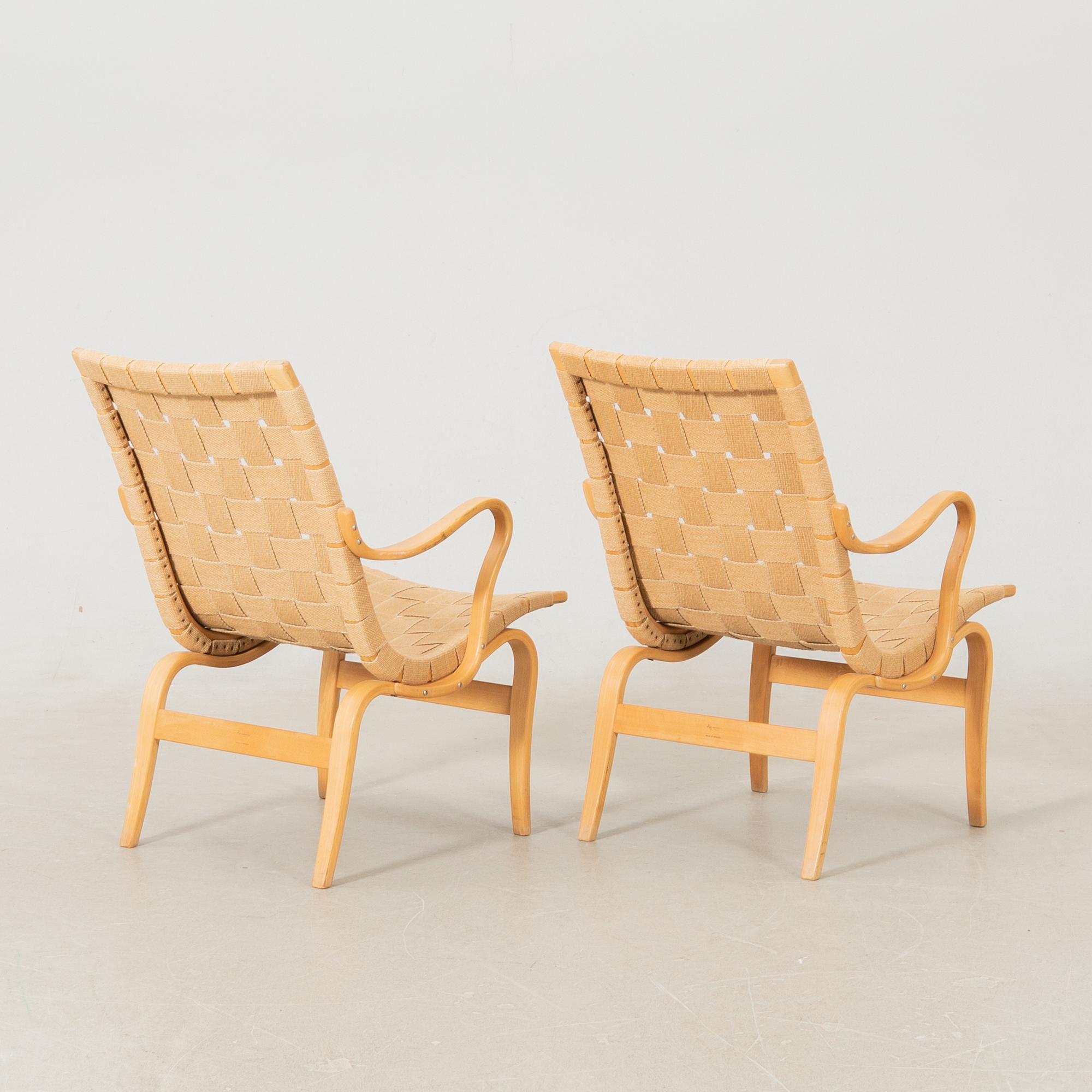 Bruno Mathsson, a pair of "Eva" armchairs, Karl Mathsson Värnamo 1969.