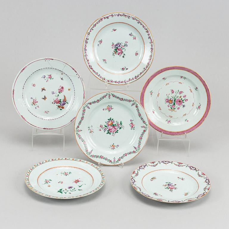 Six famille rose export porcelain plates, Qing dynasty, Qianlong (1736-95).