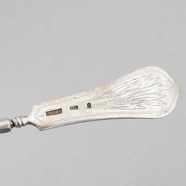 Two serving spoons, low-grade silver, 19th Century, possibly marks of Jacob Andreas Mort, Oslo (1796 - 1854) and of.