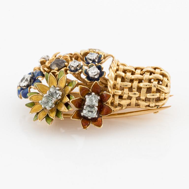 A basket brooch in 18K gold and enamel designed by Barbro Littmarck, W.A. Bolin Stockholm 1974.